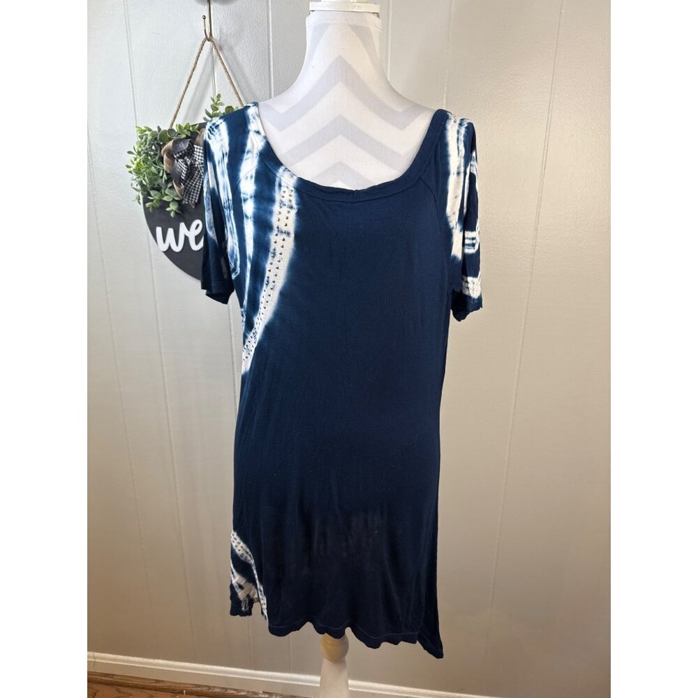 Ashley Stewart Womens Tie-Dye Asymmetrical Hem Top Size 12 Navy & White 100% Ray